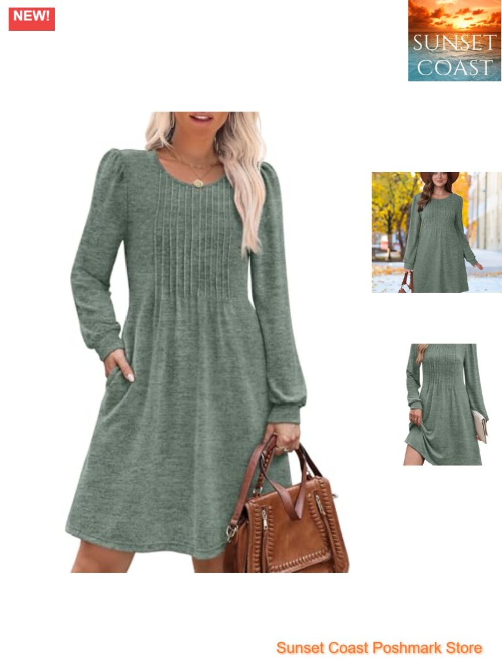 OFEEFAN Women Long Sleeve Pleated A-Line Babydoll Sweater Dress with Pockets
